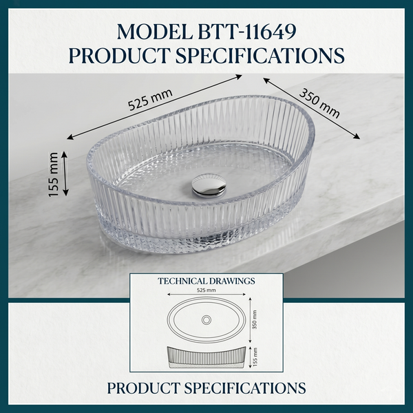 Bassino Modern Transparent Glass Wash Basin | Stylish Countertop Wash Basin for Bathroom–525x350x155 mm Clear