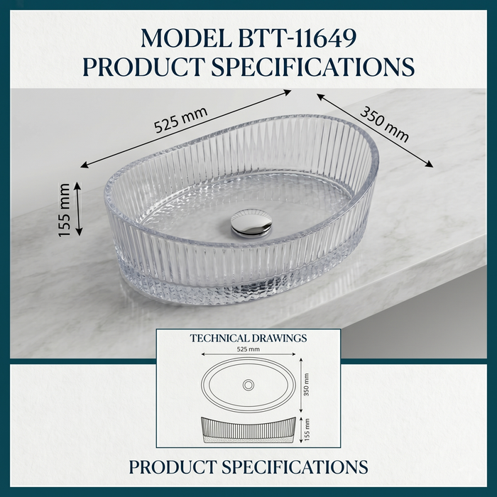 Boat Shape Transparent Glass Wash Basin Size