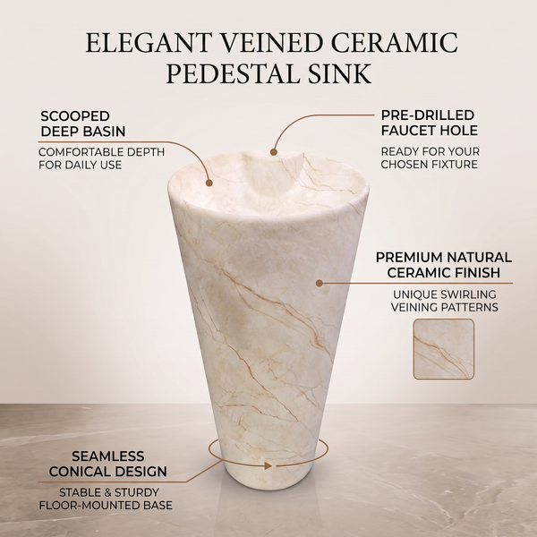 Ceramic Pedestal Wash Basin With Tap-Hole | Ivory | Matt | 15x15x32 Inch