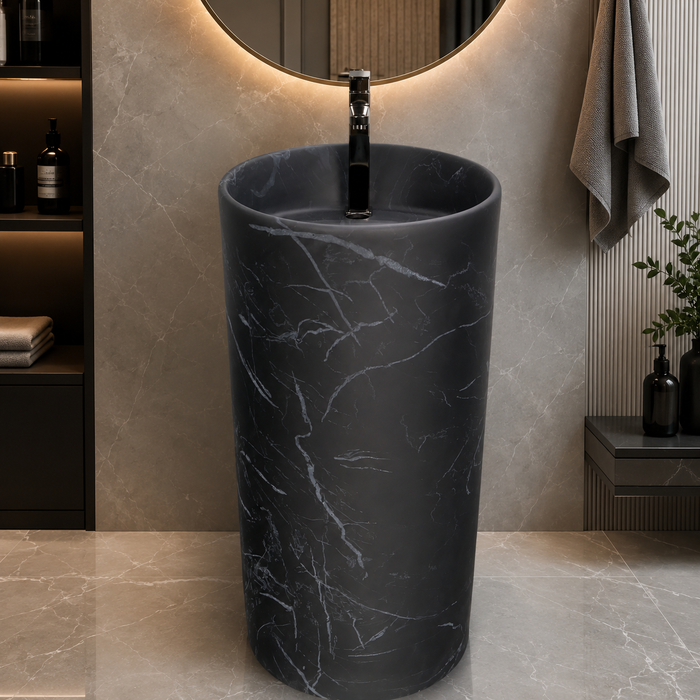Bassino 15″ Round Black Marble-Effect Ceramic Pedestal Wash Basin – Matte Finish (15″ × 15″ × 33″)
