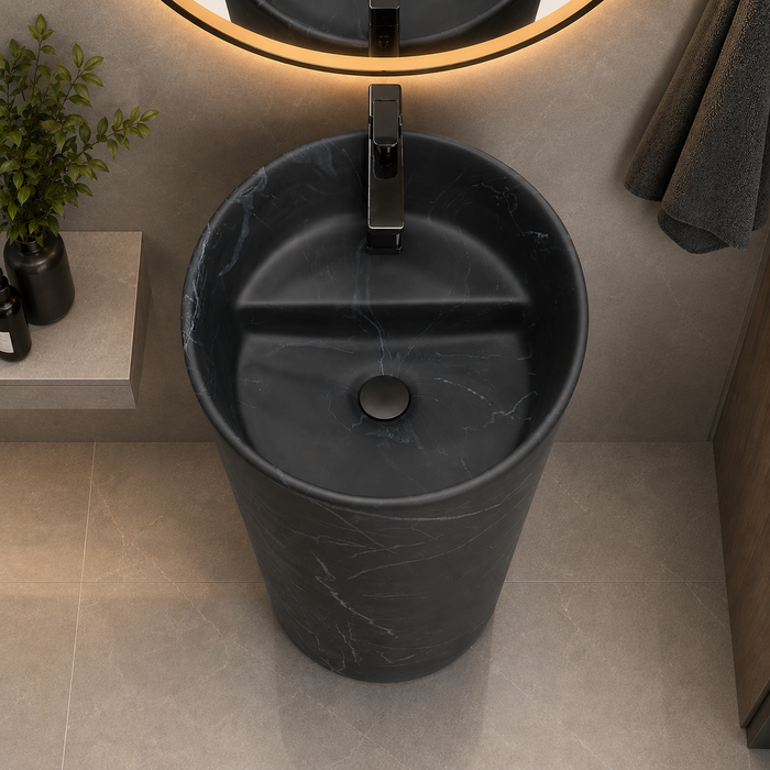 Bassino 15″ Round Black Marble-Effect Ceramic Pedestal Wash Basin – Matte Finish (15″ × 15″ × 33″)