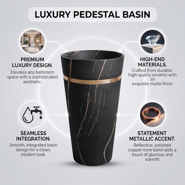 Premium Ceramic Pedestal Wash Basin 17x17x33 Inches | Matte Black Marble