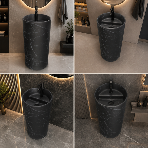 Bassino 15″ Round Black Marble-Effect Ceramic Pedestal Wash Basin – Matte Finish (15″ × 15″ × 33″)