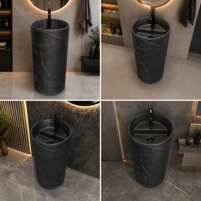 Bassino 15″ Round Black Marble-Effect Ceramic Pedestal Wash Basin – Matte Finish (15″ × 15″ × 33″)