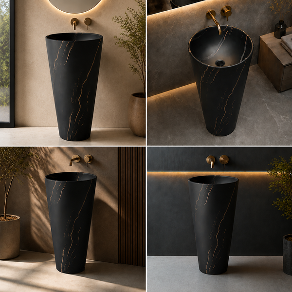 Ceramic Pedestal Wash Basin | Black Mix Marble | Matte | 18x18x33 Inch