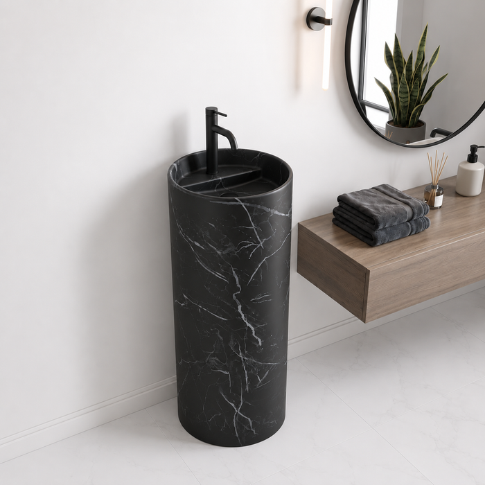Bassino 15″ Round Black Marble-Effect Ceramic Pedestal Wash Basin – Matte Finish (15″ × 15″ × 33″)