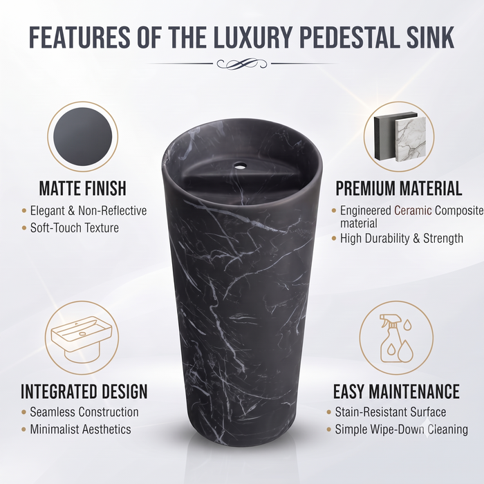Bassino 15″ Round Black Marble-Effect Ceramic Pedestal Wash Basin – Matte Finish (15″ × 15″ × 33″)