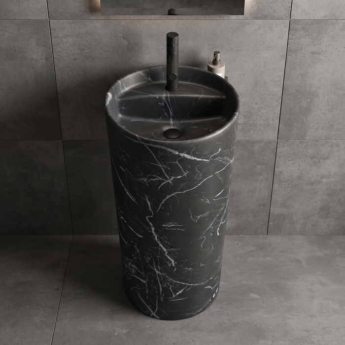 Bassino 15″ Round Black Marble-Effect Ceramic Pedestal Wash Basin – Matte Finish (15″ × 15″ × 33″)