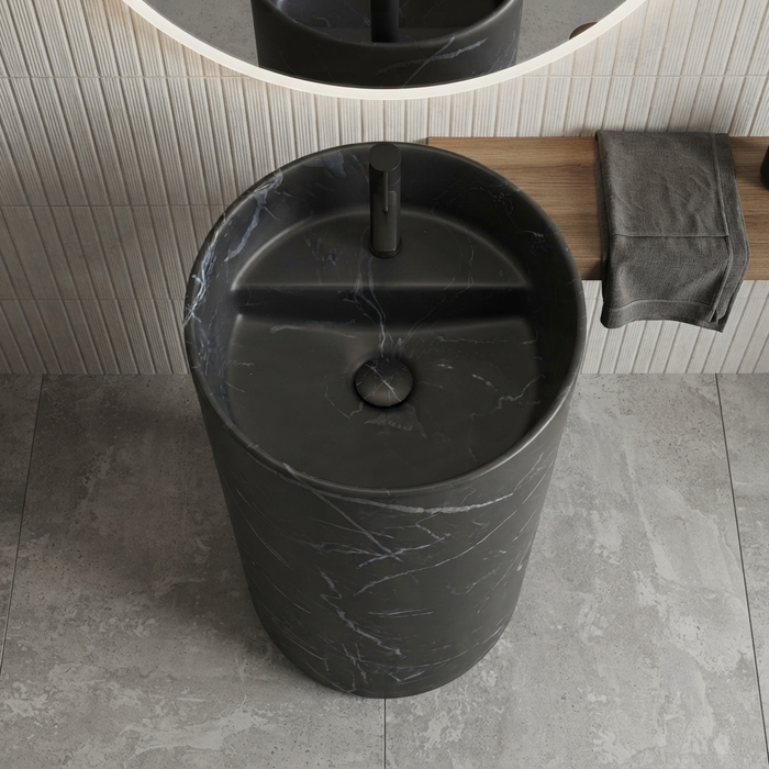 Bassino 15″ Round Black Marble-Effect Ceramic Pedestal Wash Basin – Matte Finish (15″ × 15″ × 33″)