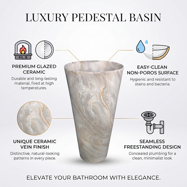 Ceramic Pedestal Wash Basin With Tap-Hole | Grey Marble | Glossy | 18x18x33 Inch