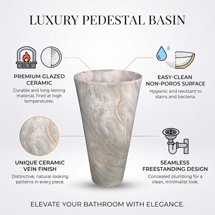 Ceramic Pedestal Wash Basin With Tap-Hole | Grey Marble | Glossy | 18x18x33 Inch