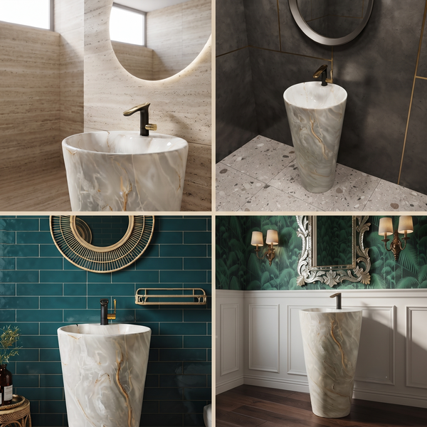 Ceramic Pedestal Wash Basin With Tap-Hole | Grey Marble | Glossy | 18x18x33 Inch
