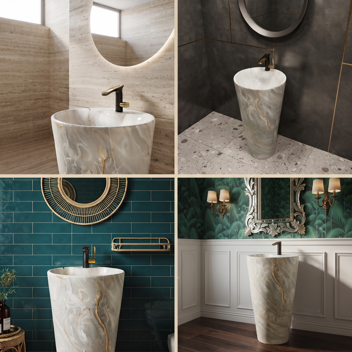 Ceramic Pedestal Wash Basin With Tap-Hole | Grey Marble | Glossy | 18x18x33 Inch