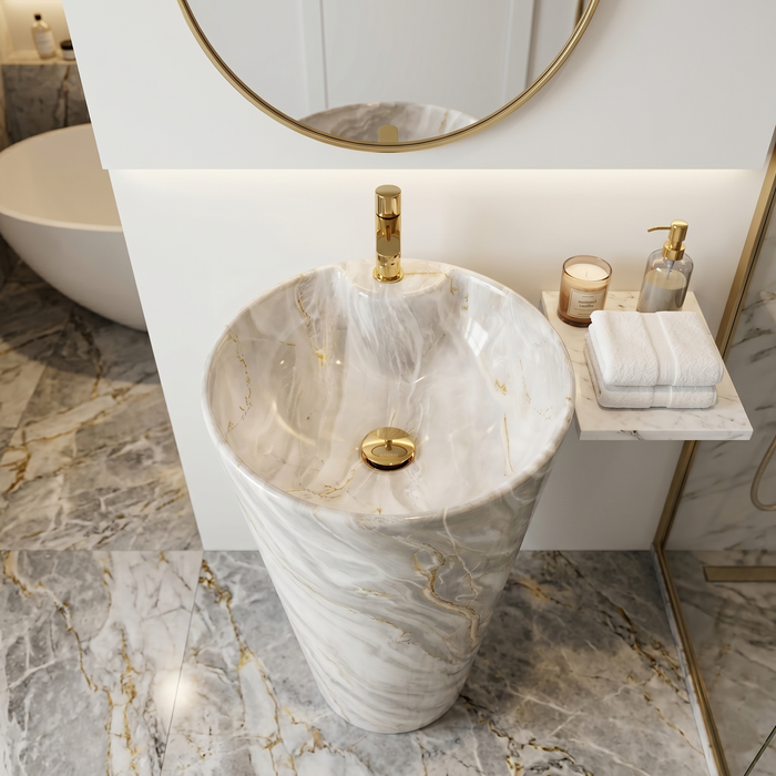 Ceramic Pedestal Wash Basin With Tap-Hole | Grey Marble | Glossy | 18x18x33 Inch