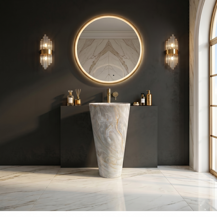 Ceramic Pedestal Wash Basin With Tap-Hole | Grey Marble | Glossy | 18x18x33 Inch