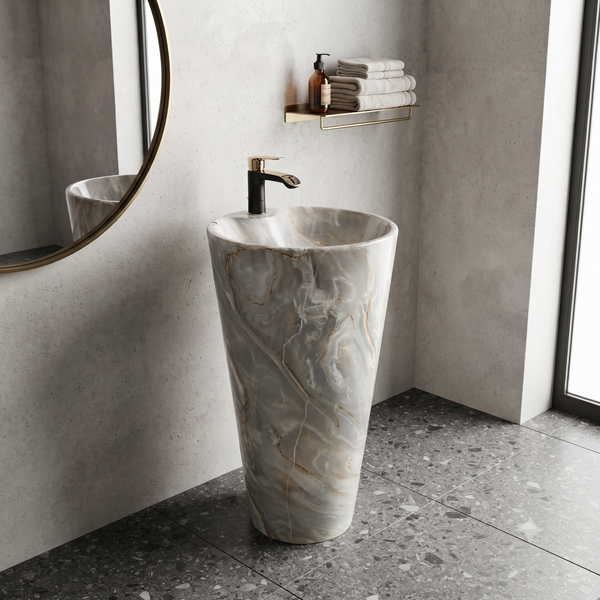 Ceramic Pedestal Wash Basin With Tap-Hole | Grey Marble | Glossy | 18x18x33 Inch