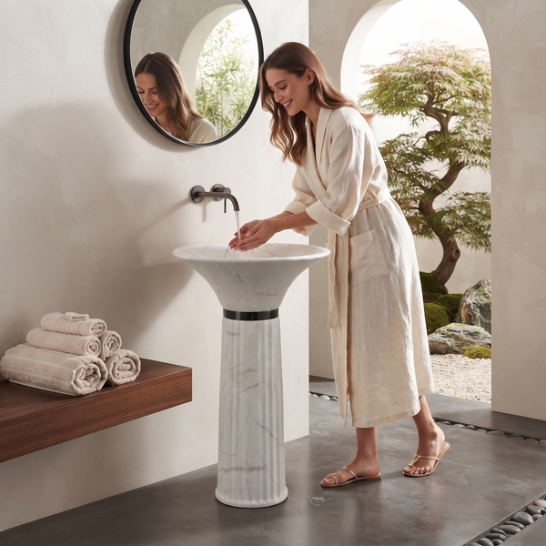 Ceramic Pedestal Wash Basin | White Mix Marble | Matte | 17x17x32 Inch