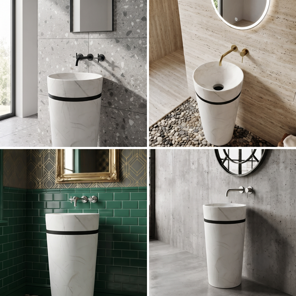 Premium Ceramic Pedestal Wash Basin 17x17x33 Inches | Matte White Marble