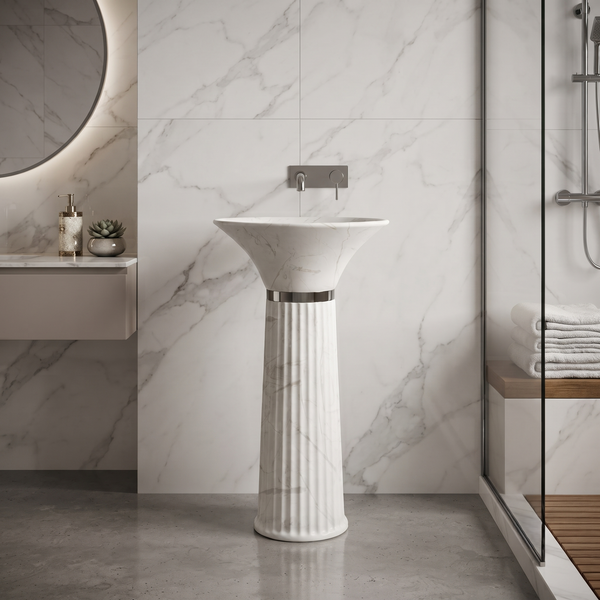Ceramic Pedestal Wash Basin | White Mix Marble | Matte | 17x17x32 Inch