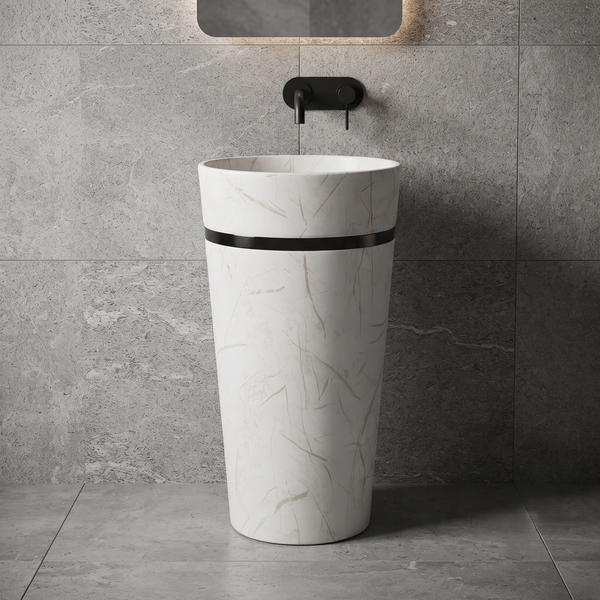 Premium Ceramic Pedestal Wash Basin 17x17x33 Inches | Matte White Marble