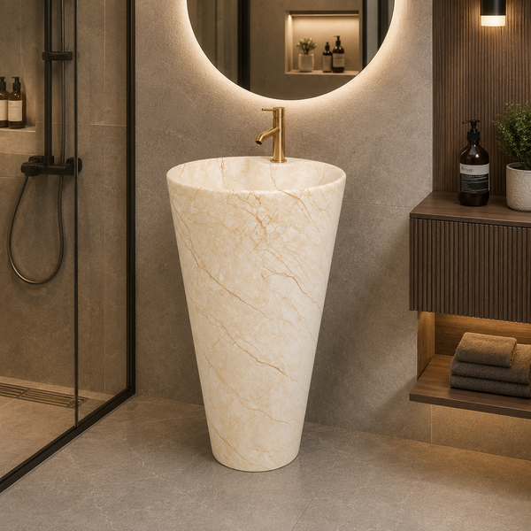 Ceramic Pedestal Wash Basin With Tap-Hole | Ivory-Beige Mix Marble | Matte | 18x18x33 Inch (Copy)