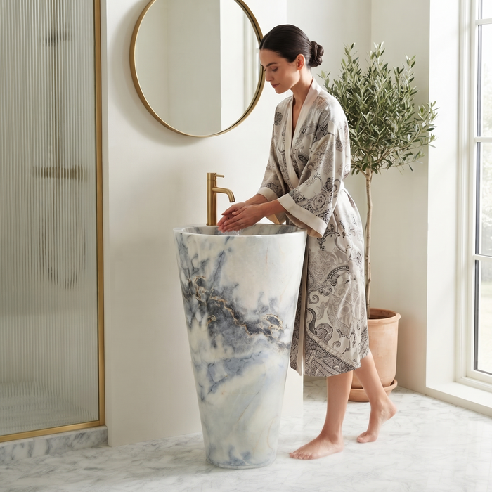 Ceramic Pedestal Wash Basin With Tap-Hole | Blue-Grey