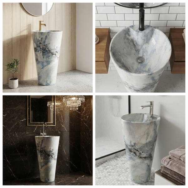 Ceramic Pedestal Wash Basin With Tap-Hole | Blue Mix Marble | Glossy | 18x18x33 Inch