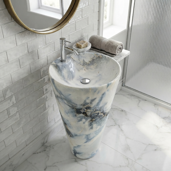 Ceramic Pedestal Wash Basin With Tap-Hole | Blue Mix Marble | Glossy | 18x18x33 Inch