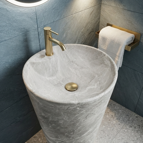 Ceramic Pedestal Wash Basin With Tap-Hole | Gray | Matt | 15x15x32 Inch