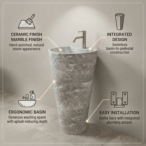 Ceramic Pedestal Wash Basin With Tap-Hole | Gray | Matt | 15x15x32 Inch