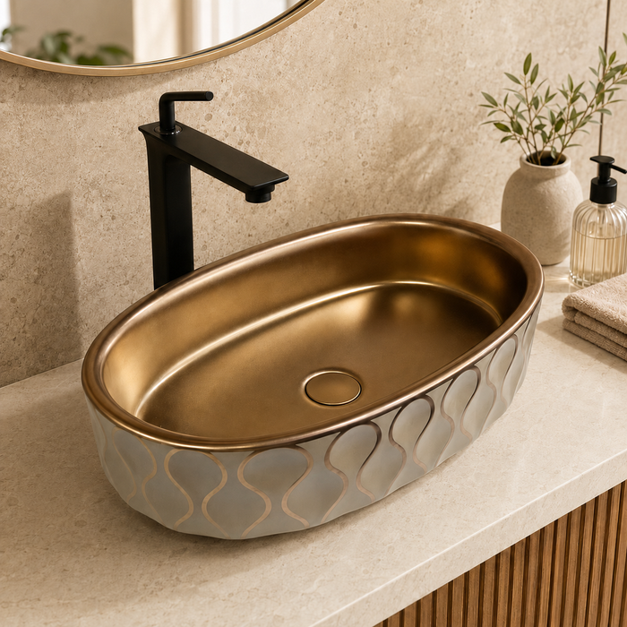 Ceramic Table Top Wash Basin, Dark Khakhi-Rose Gold Matt 