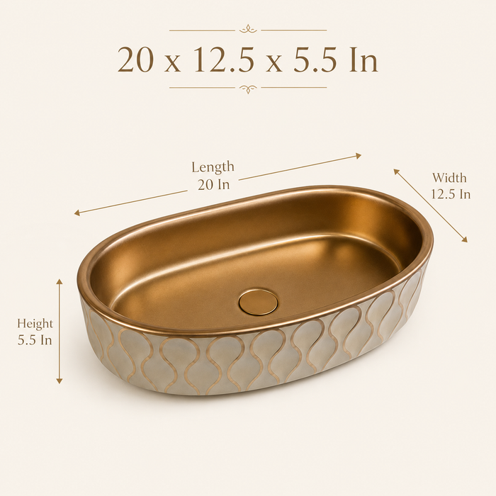 Ceramic Table Top Wash Basin, Dark Khakhi-Rose Gold Matt 