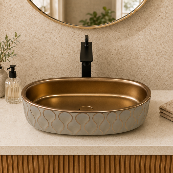 Ceramic Table Top Wash Basin, Dark Khakhi-Rose Gold Matt 