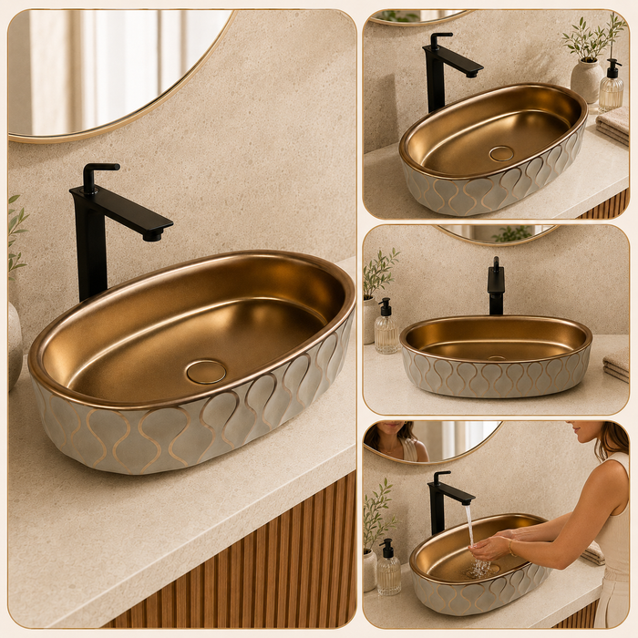 Ceramic Table Top Wash Basin, Dark Khakhi-Rose Gold Matt 
