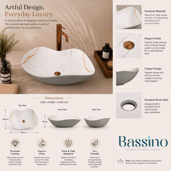 Premium Designer Ceramic Table Top Wash Basin, Matt Marble Finish (20 x 16 x 6.5 In) Grey