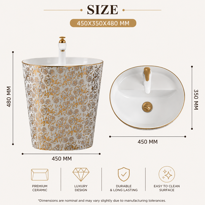 Ceramic Wall Mount Half Pedestal Wash Basin size 