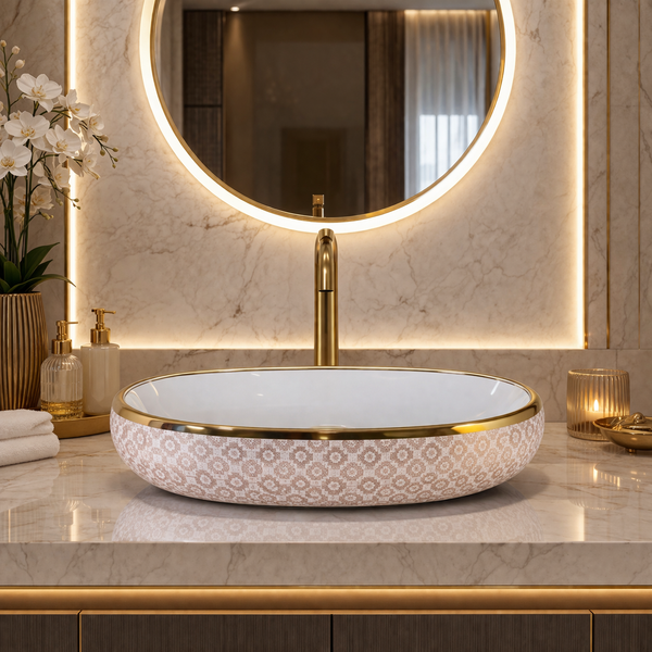 Designer Ceramic Wash Basin (Gold Rim & Pattern Design 24 x 16 x 6 In - AB010)