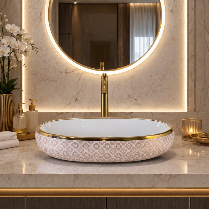Designer Ceramic Wash Basin (Gold Rim & Pattern Design 24 x 16 x 6 In - AB010)