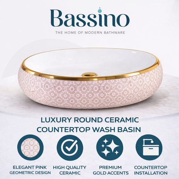 Designer Ceramic Wash Basin (Gold Rim & Pattern Design 24 x 16 x 6 In - AB010)