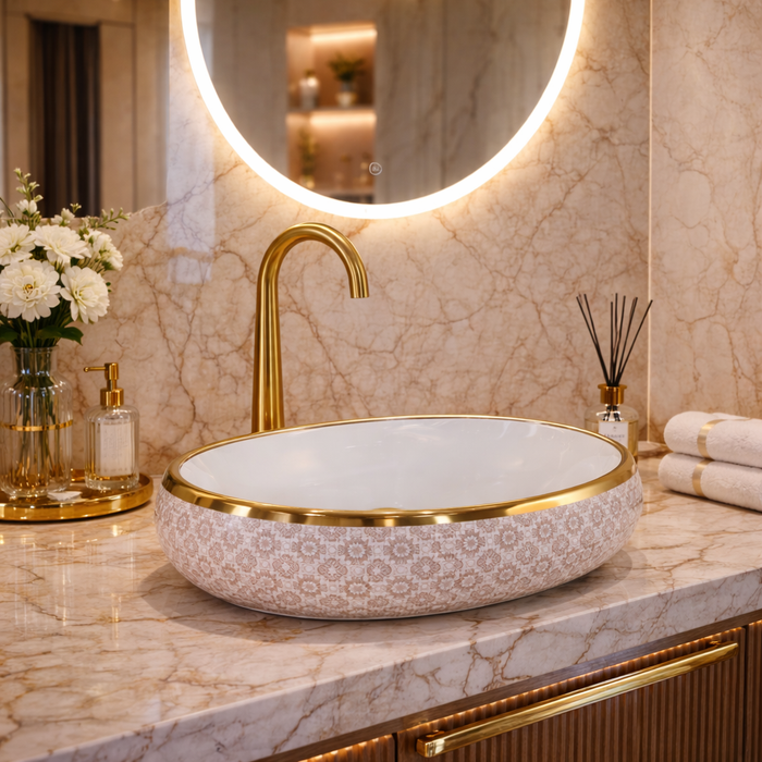 Designer Ceramic Wash Basin (Gold Rim & Pattern Design 24 x 16 x 6 In - AB010)