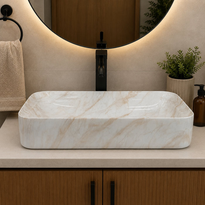 White Marble Finish Ceramic Table Top Wash Basin – 29.5 × 15.7 × 5.5 Inch | Glossy Countertop Basin