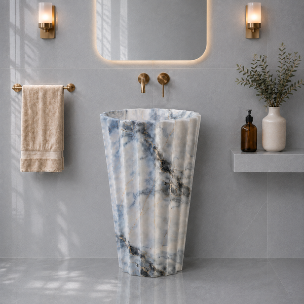 Premium Ceramic Fluted Pedestal Wash Basin 19x19x33 Inches | Glossy Blue Marble