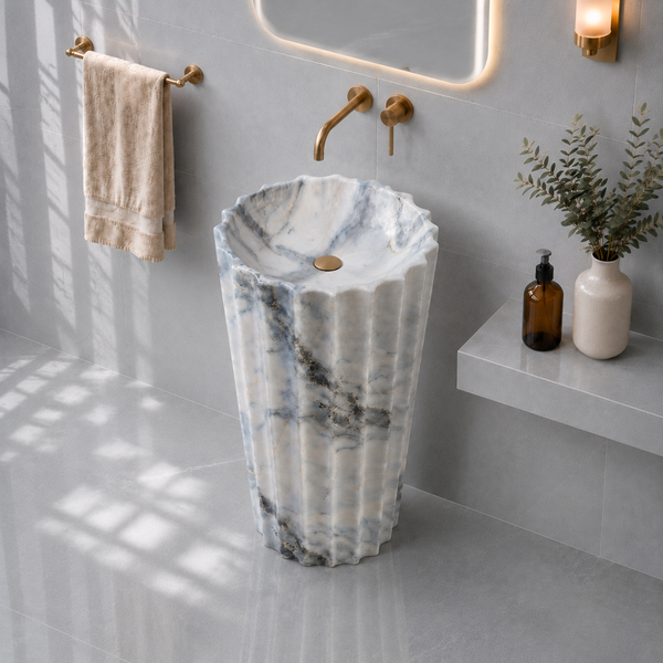 Premium Ceramic Fluted Pedestal Wash Basin 19x19x33 Inches | Glossy Blue Marble