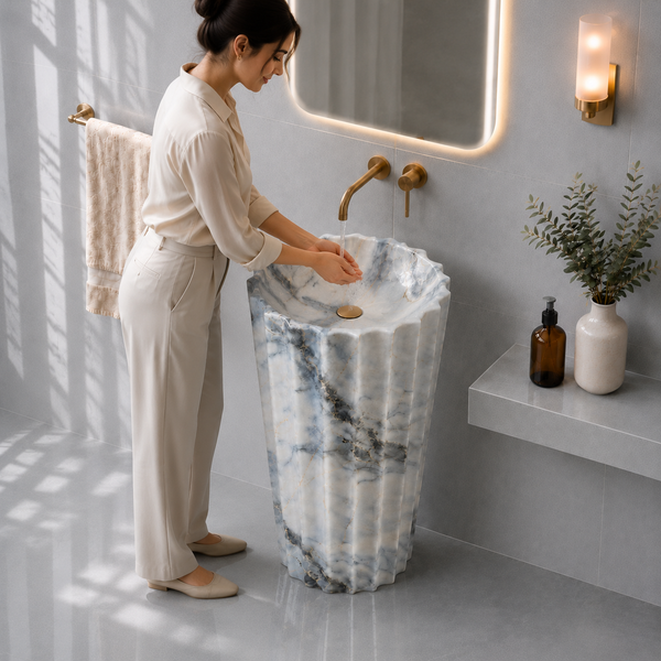 Premium Ceramic Fluted Pedestal Wash Basin 19x19x33 Inches | Glossy Blue Marble