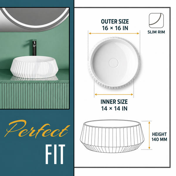 Premium Ceramic Table Top Wash Basin, White Glossy Finish (16 × 16 × 5.5 In) BTT-W54