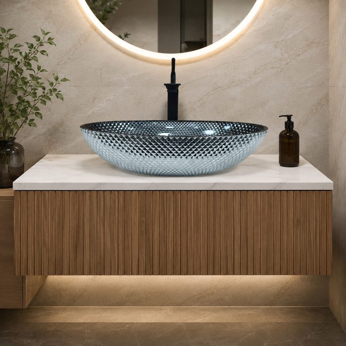 Smoky Black Textured Glass Table Top Wash Basin – 16.9 × 12.6 × 4.7 Inch Oval Countertop Basin for Modern Luxury Bathroom