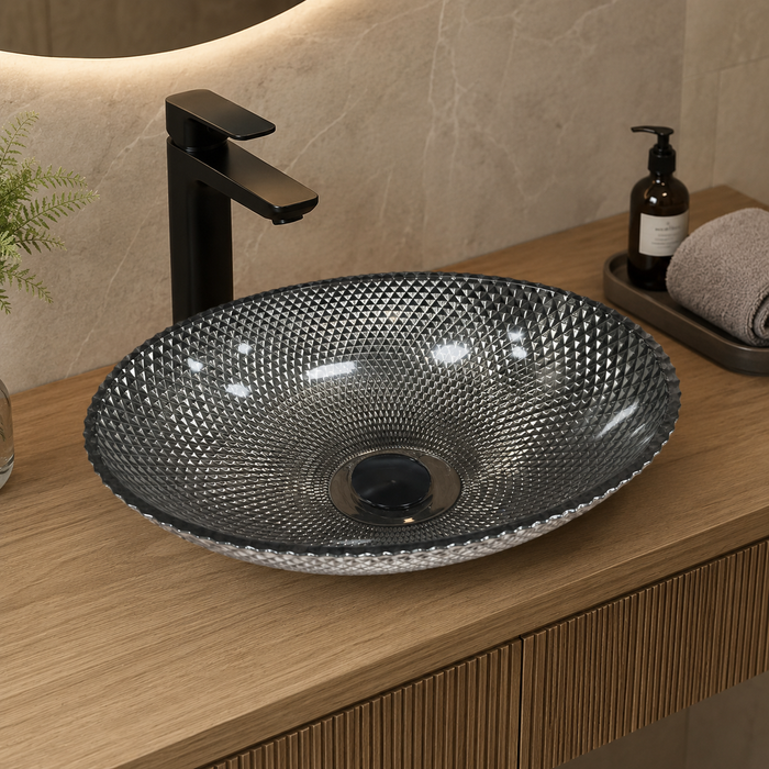 Smoky Black Textured Glass Table Top Wash Basin – 16.9 × 12.6 × 4.7 Inch Oval Countertop Basin for Modern Luxury Bathroom