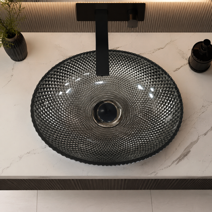 Smoky Black Textured Glass Table Top Wash Basin – 16.9 × 12.6 × 4.7 Inch Oval Countertop Basin for Modern Luxury Bathroom