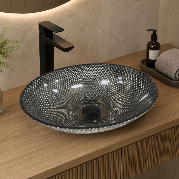 Smoky Black Textured Glass Table Top Wash Basin – 16.9 × 12.6 × 4.7 Inch Oval Countertop Basin for Modern Luxury Bathroom