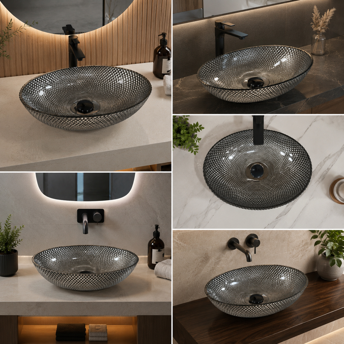 Smoky Black Textured Glass Table Top Wash Basin – 16.9 × 12.6 × 4.7 Inch Oval Countertop Basin for Modern Luxury Bathroom